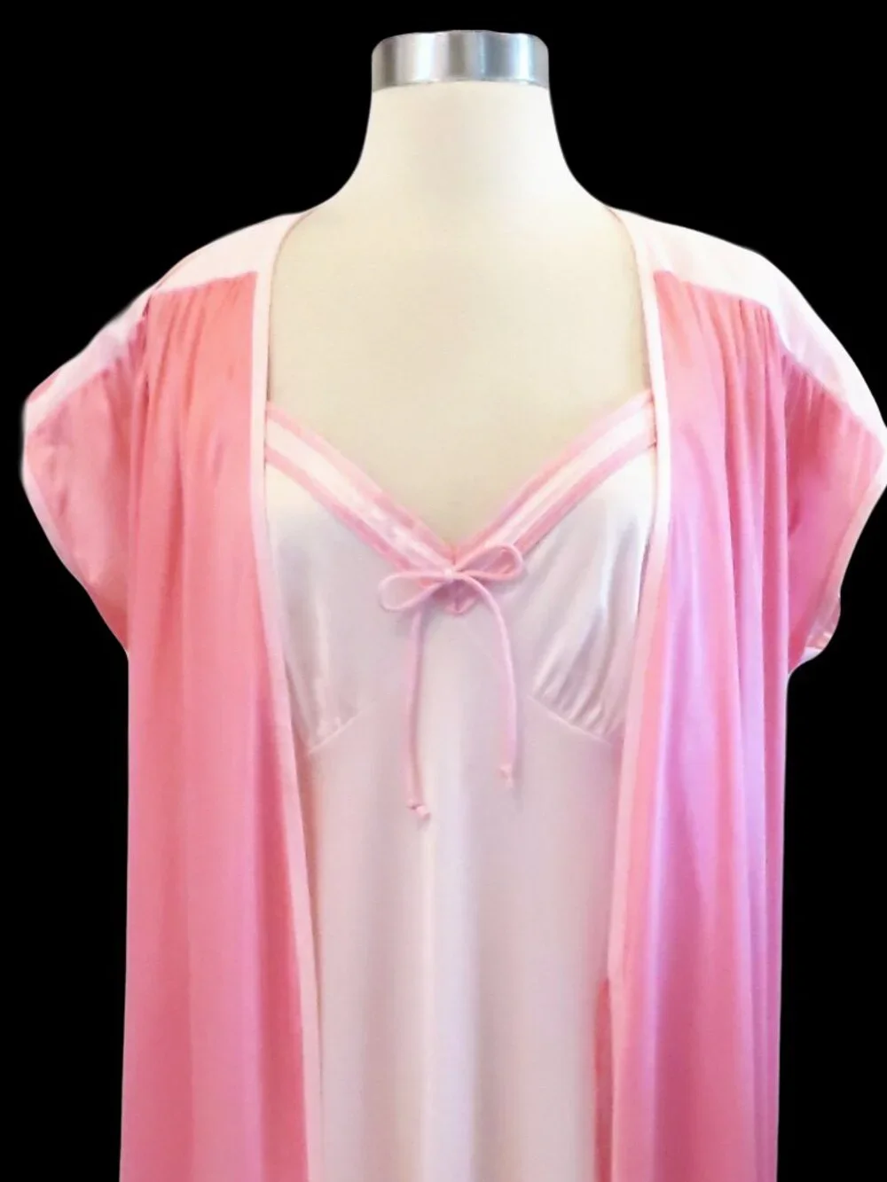Vintage Pink Peignoir Set M Coquette Sheer Nylon Slip Dress Nightgown Robe